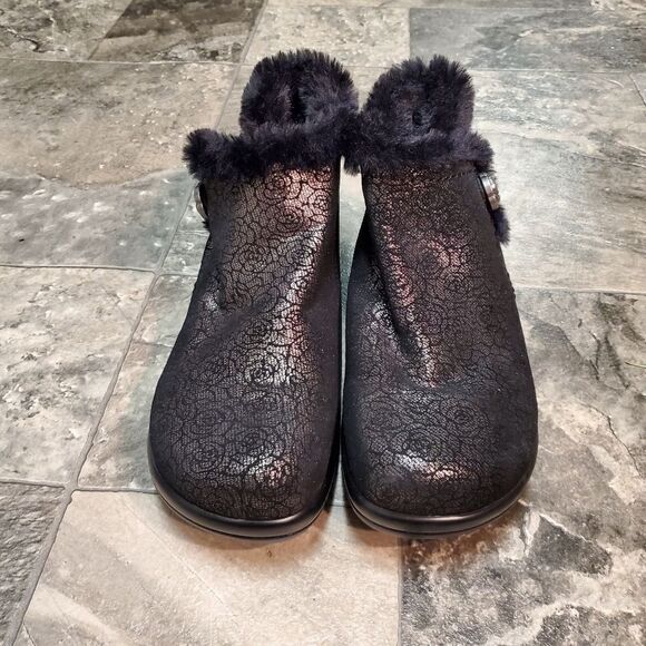 Alegria Meri Black Leather Rose Florette Water Resistant Leather Fur Ankle Boots - Picture 5 of 13